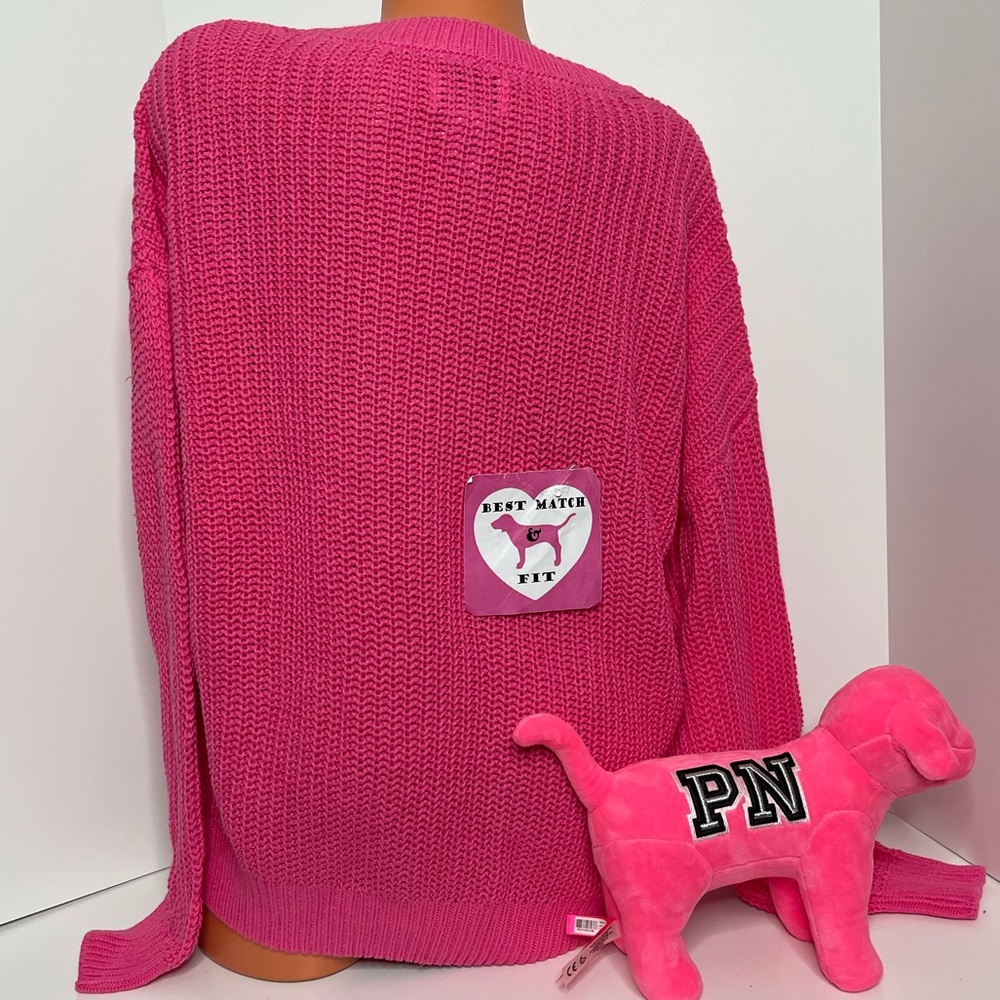 Victoria’s Secret PINK L Logo Patch Sweater Embroidered 100% Cotton Crewneck - Picture 2 of 2